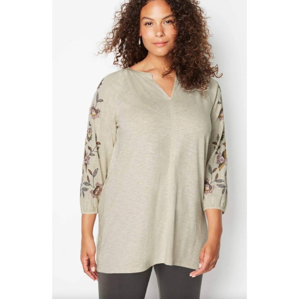 J Jill Tunic Oatmeal Floral Embroidery Raglan Sleeves Pleated Split Neck Boho XL